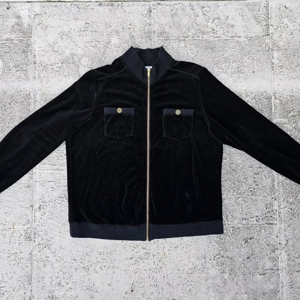 Hot Cotton Men Coat Zip Up Black Velvet Long Sleeve Velour Jacket Size L